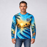 Sunset Steps pool cleaning shirt – long sleeve shirt worn by a model, full-body sublimation print
