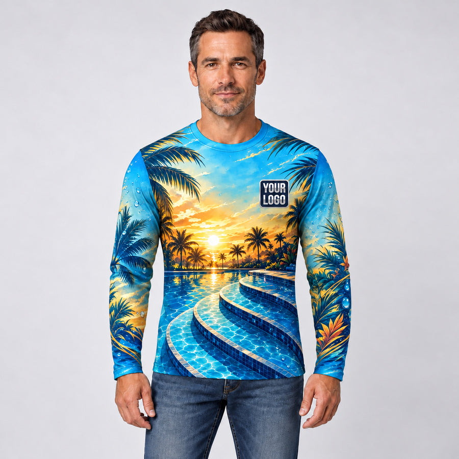 Sunset Steps pool cleaning shirt – long sleeve shirt worn by a model, full-body sublimation print