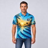 Sunset Steps pool cleaning shirt – polo shirt worn by a model, full-body sublimation print