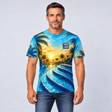 Sunset Steps pool cleaning shirt – t-shirt worn by a model, full-body sublimation print