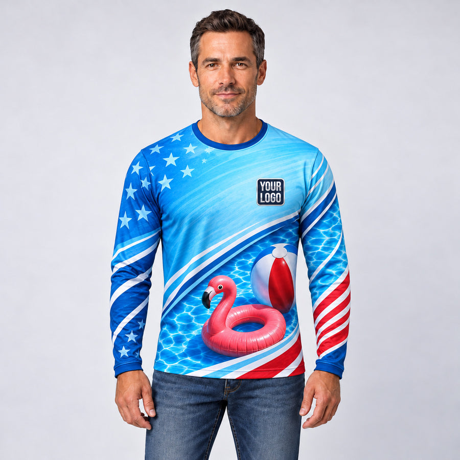 Float Parade pool cleaning shirt – long sleeve shirt worn by a model, full-body sublimation print