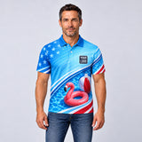 Float Parade pool cleaning shirt – polo shirt worn by a model, full-body sublimation print