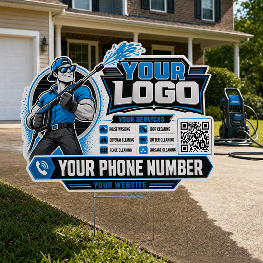 YPWM007 - Power Wash Man - Mascot Yard Sign for Pressure Washing | Custom Corrugated Sign with H-Stake