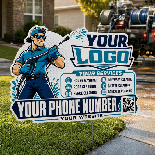 YPWM009 - Blue Crew Pro - Mascot Yard Sign for Pressure Washing | Custom Corrugated Sign with H-Stake