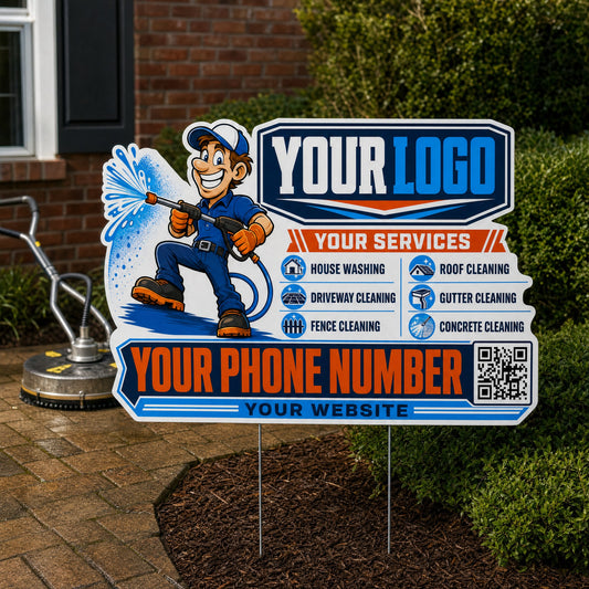 YPWM012 - Grinning Wash Guy - Mascot Yard Sign for Pressure Washing | Custom Corrugated Sign with H-Stake