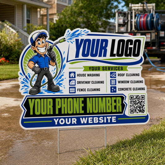 YPWM013 - Cheery Green Wash - Mascot Yard Sign for Pressure Washing | Custom Corrugated Sign with H-Stake