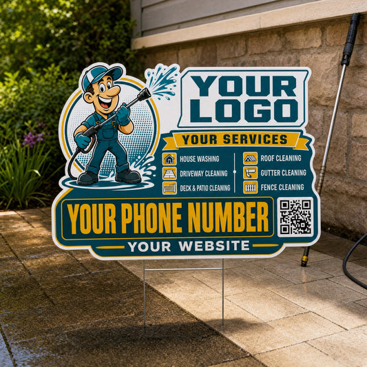 YPWM014 - Teal Happy Pro - Mascot Yard Sign for Pressure Washing | Custom Corrugated Sign with H-Stake
