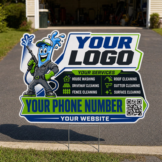 YPWM015 - Smiley Blue Drop - Mascot Yard Sign for Pressure Washing | Custom Corrugated Sign with H-Stake