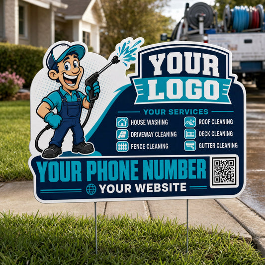 YPWM017 - Friendly Wash Pro - Mascot Yard Sign for Pressure Washing | Custom Corrugated Sign with H-Stake