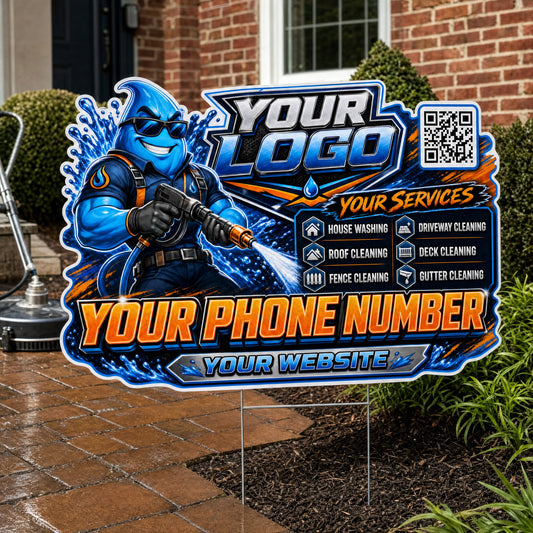 YPWM019 - Armored Drop Blast - Mascot Yard Sign for Pressure Washing | Custom Corrugated Sign with H-Stake