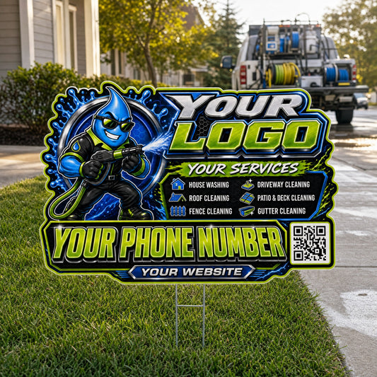 YPWM020 - Neon Armor Drop - Mascot Yard Sign for Pressure Washing | Custom Corrugated Sign with H-Stake