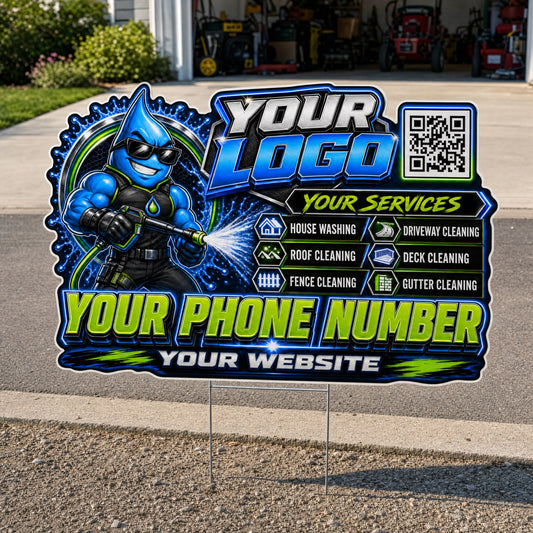 YPWM023 - Hero Drop Splash - Mascot Yard Sign for Pressure Washing | Custom Corrugated Sign with H-Stake