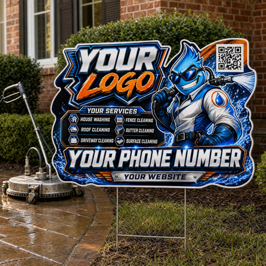 YPWM025 - Robo Drop Blast - Mascot Yard Sign for Pressure Washing | Custom Corrugated Sign with H-Stake
