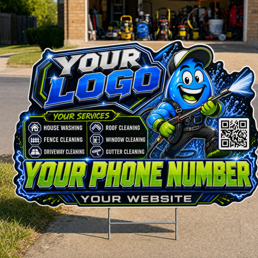 YPWM033 - Running Drop Fun - Mascot Yard Sign for Pressure Washing | Custom Corrugated Sign with H-Stake