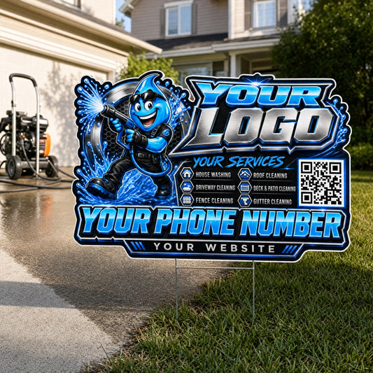YPWM034 - Jolly Blue Drop - Mascot Yard Sign for Pressure Washing | Custom Corrugated Sign with H-Stake