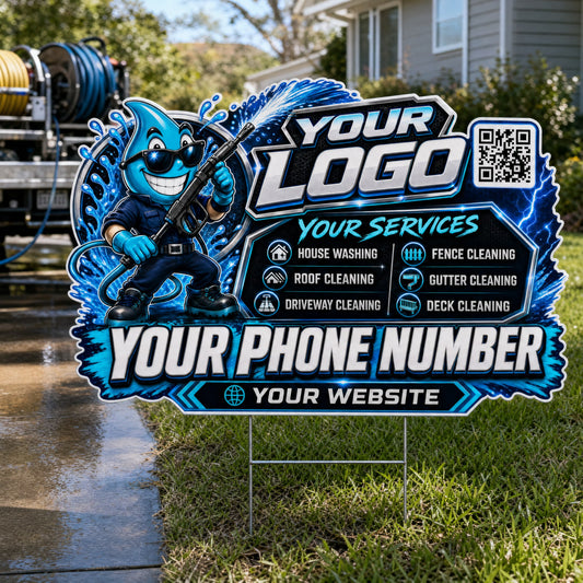 YPWM036 - Cheerful Drop Blast - Mascot Yard Sign for Pressure Washing | Custom Corrugated Sign with H-Stake