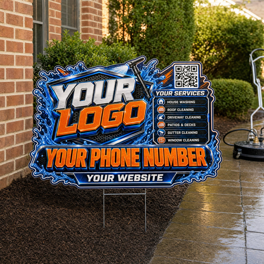 YPWS002 - Orange Blast Blue - Splash Yard Sign for Pressure Washing | Custom Corrugated Sign with H-Stake