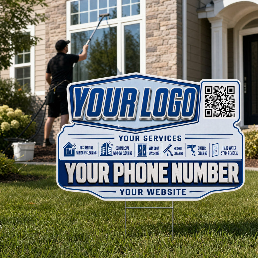 Navy Chrome Panes window cleaning yard sign with a custom logo, phone number and QR code, shown in four design views