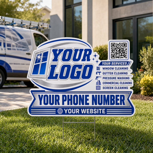 YWCC010 - Royal Blue Oval - Classic Yard Sign for Window Cleaning | Custom Corrugated Sign with H-Stake