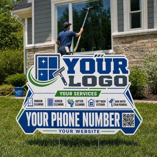 YWCC013 - Blue Green Swoosh - Classic Yard Sign for Window Cleaning | Custom Corrugated Sign with H-Stake